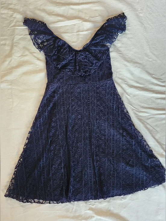 Suzy Shier Navy Lace Midi Dress with Ruffle Detail - Picture 3 of 12
